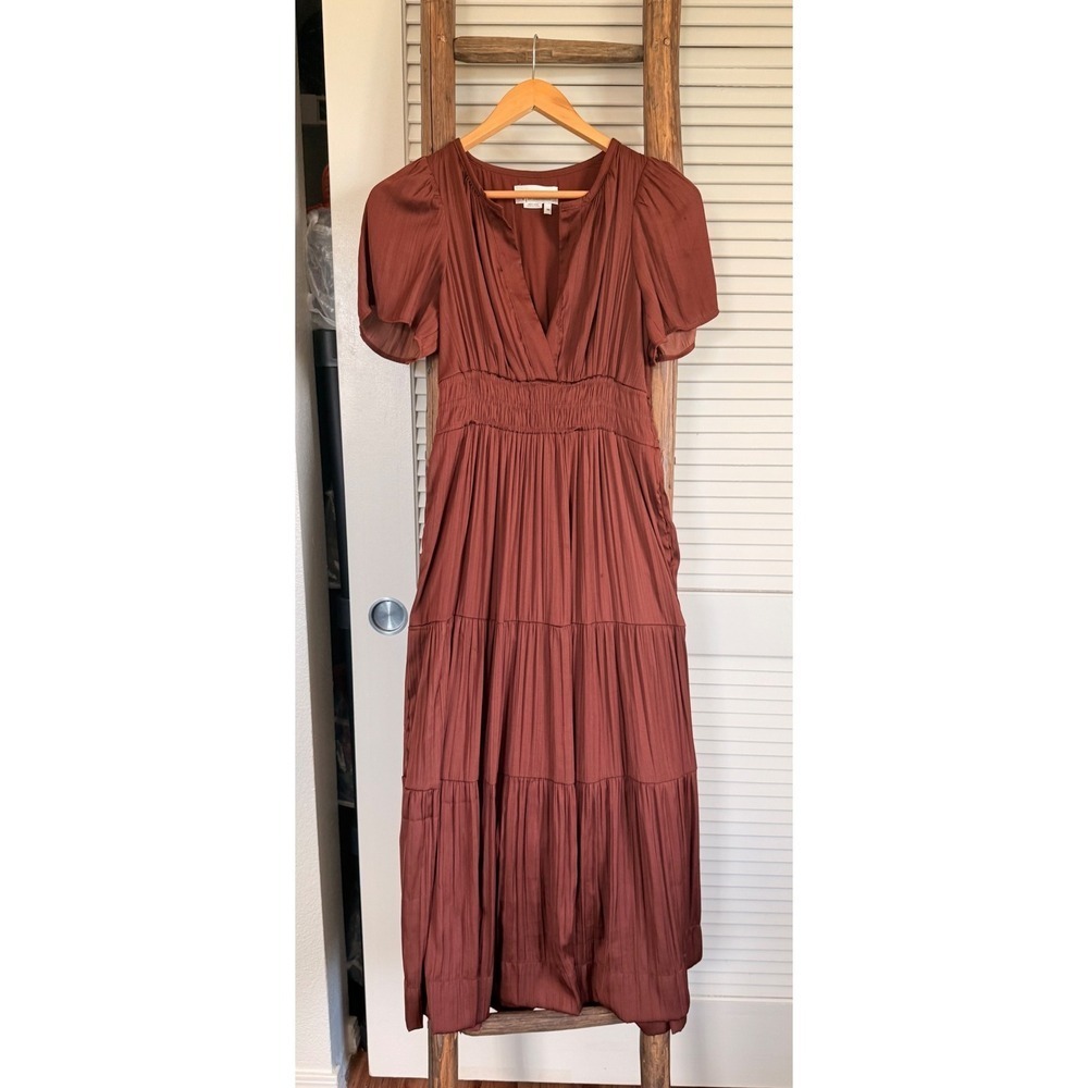 Anthropologie The Somerset Maxi Dress Rust Brown Tiered Short Sleeve  Women's XS - Picture 2 of 5